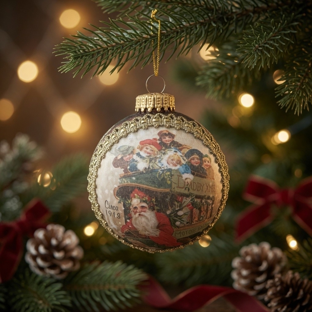 Vintage Circa 1913 Santa Scene Glass Ball Christmas Ornament Red Gold G+